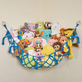 Lilly's Love macrame hammock blue front view for organized plush toy storage in a cozy corner.