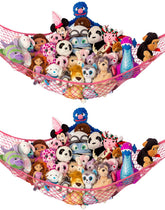 Lilly's Love stuffed animal hammock in coral corner setup, showcasing space-saving storage.