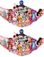 Lilly's Love stuffed animal hammock in coral corner setup, showcasing space-saving storage.