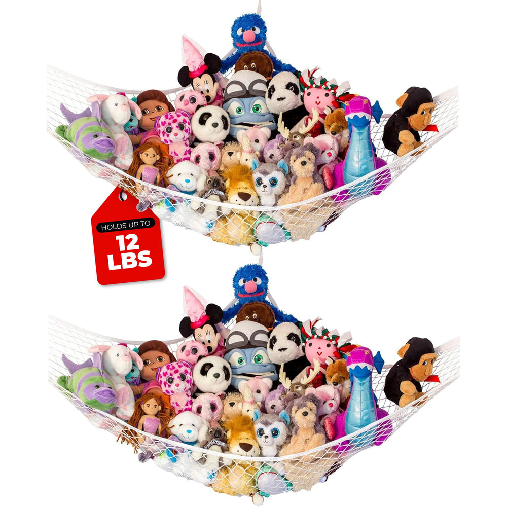 Lilly's Love stuffed animal hammock corner hanging setup demonstrates space-saving toy storage.