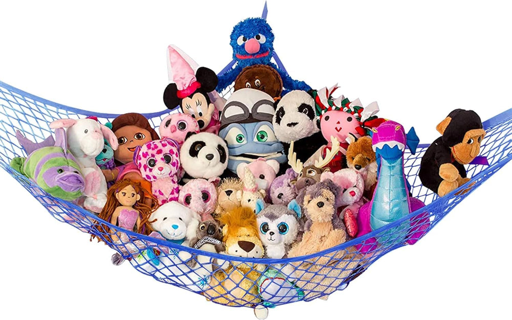 Lilly's Love stuffed animal storage hammock in blue corner setup keeps plushies tidy and accessible.