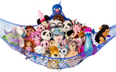 Lilly's Love stuffed animal storage hammock in blue corner setup keeps plushies tidy and accessible.