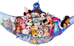 Lilly's Love stuffed animal storage hammock in blue corner setup keeps plushies tidy and accessible.