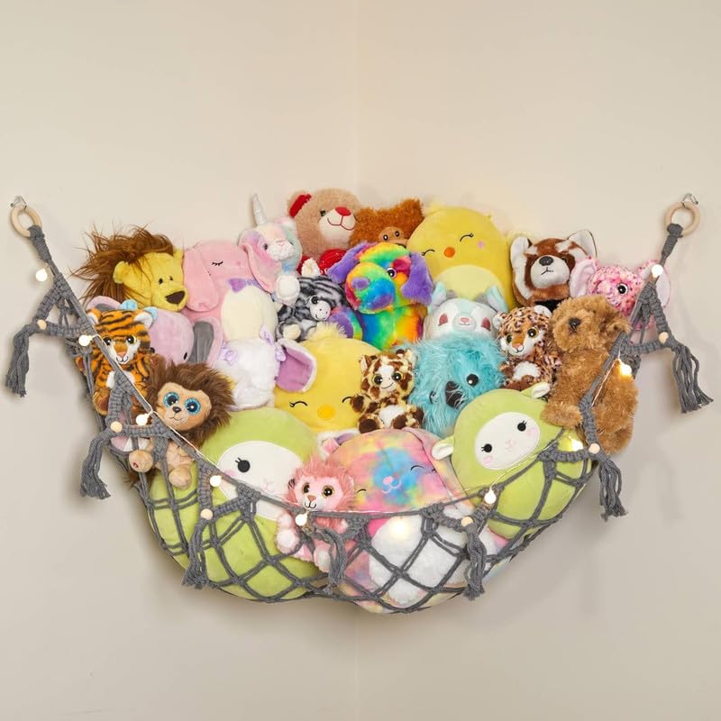 Lilly's Love stuffed animal storage macrame hammock grey assembly shows easy setup and space-saving organization.