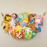 Lilly's Love stuffed-animal storage macrame hammock (large rainbow) helps declutter toys.