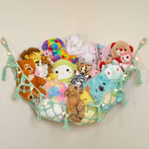 Lilly's Love stuffed-animal-storage-macrame-hammock-mint stores plush toys neatly and saves shelf space.