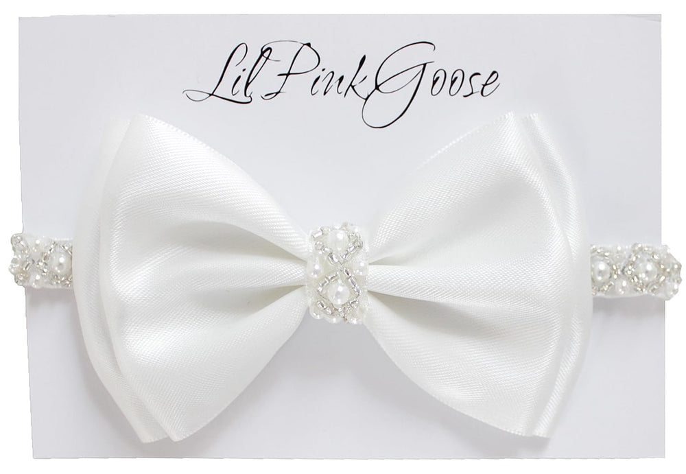 LilPinkGoose baptism headband with pearl rhinestone bow for christening ceremonies.