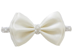 LilPinkGoose baptism headband with satin bow and cream pearls for christening photos.
