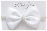 LilPinkGoose baptism headband with satin bow and pearl rhinestones for christening photos.