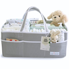 Lily Miles Baby Diaper Caddy gray-mint fabric closeup shows soft, durable material for daily use