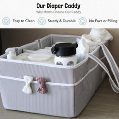 Lily Miles diaper caddy with open dividers for quick-access organization.