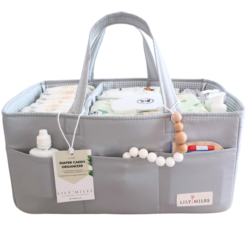 Lily Miles diaper caddy organizer front view shows spacious pockets for essentials.