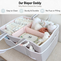 Lily Miles diaper caddy with removable dividers for customizable storage.