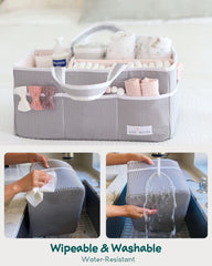 Lily Miles diaper caddy removable dividers offer flexible storage for diapers and wipes.