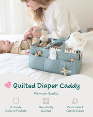 Lily Miles diaper caddy with removable dividers keeps items organized for quick diaper changes.