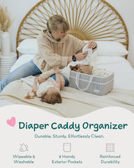 Lily Miles diaper caddy shows large 15x10x7 dimensions for newborn essentials