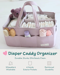 Lily Miles wipeable fabric keeps the diaper caddy clean during busy days.