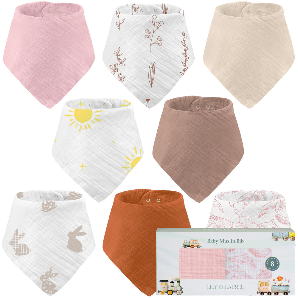 LILY O LAUREL muslin bandana bib front view shows gentle 100% cotton protection for drool