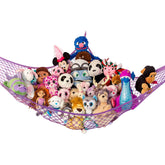 Lilly's Love stuffed animal hammock corner hanger shows space-saving toy storage in purple