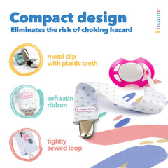 Liname pacifier clip pink on baby binky shows reliable hold