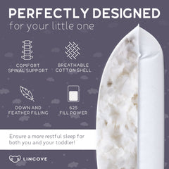 Lincove down pillow side profile highlights balanced neck support for growing children.