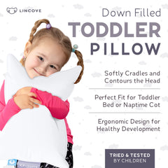 Lincove toddler pillow loft closeup emphasizes luxurious white down and feather feel.