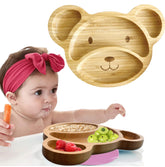 Linda's Essentials bamboo plates for kids suction plate on tray promotes mess-free feeding.
