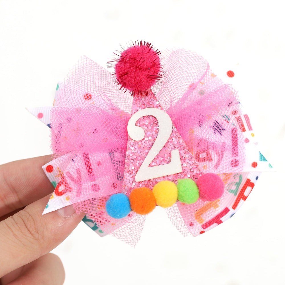 LINLULU Hot Pink 2nd Birthday Hair Bow close-up shows glitter hat detail for photos.