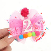 LINLULU Hot Pink 2nd Birthday Hair Bow close-up shows glitter hat detail for photos.