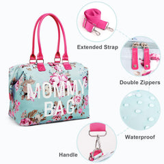 LitBear Mommy Bag blue floral waterproof fabric is easy to wipe clean