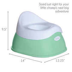 Little Chicks Easy-Clean Potty Chair splash guard shows mess-free training in action.