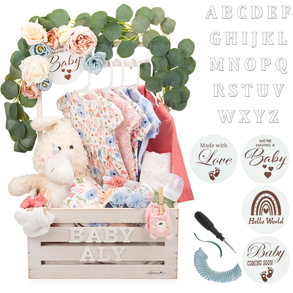 Little Cuteness Wooden Crate Closet with dual rod system for organized nursery outfits.