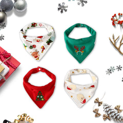 Little Dimsum Christmas 4-piece bib set, front view, festive prints for baby outfits.