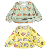 Little Dimsum full-sleeved feeding bib on baby showing adjustable closure for secure fit during meals.