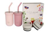 Little Ecos double-wall insulated kids cups show secure lids for spill-free on-the-go drinks.