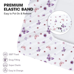 Little Grape Land crib sheets girl 4-pack toddler-mattress closeup shows 8-inch deep pocket stability