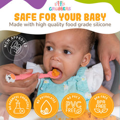 Little Grubbers soft-handle spoon demonstrates comfortable grip for tiny hands during meals.