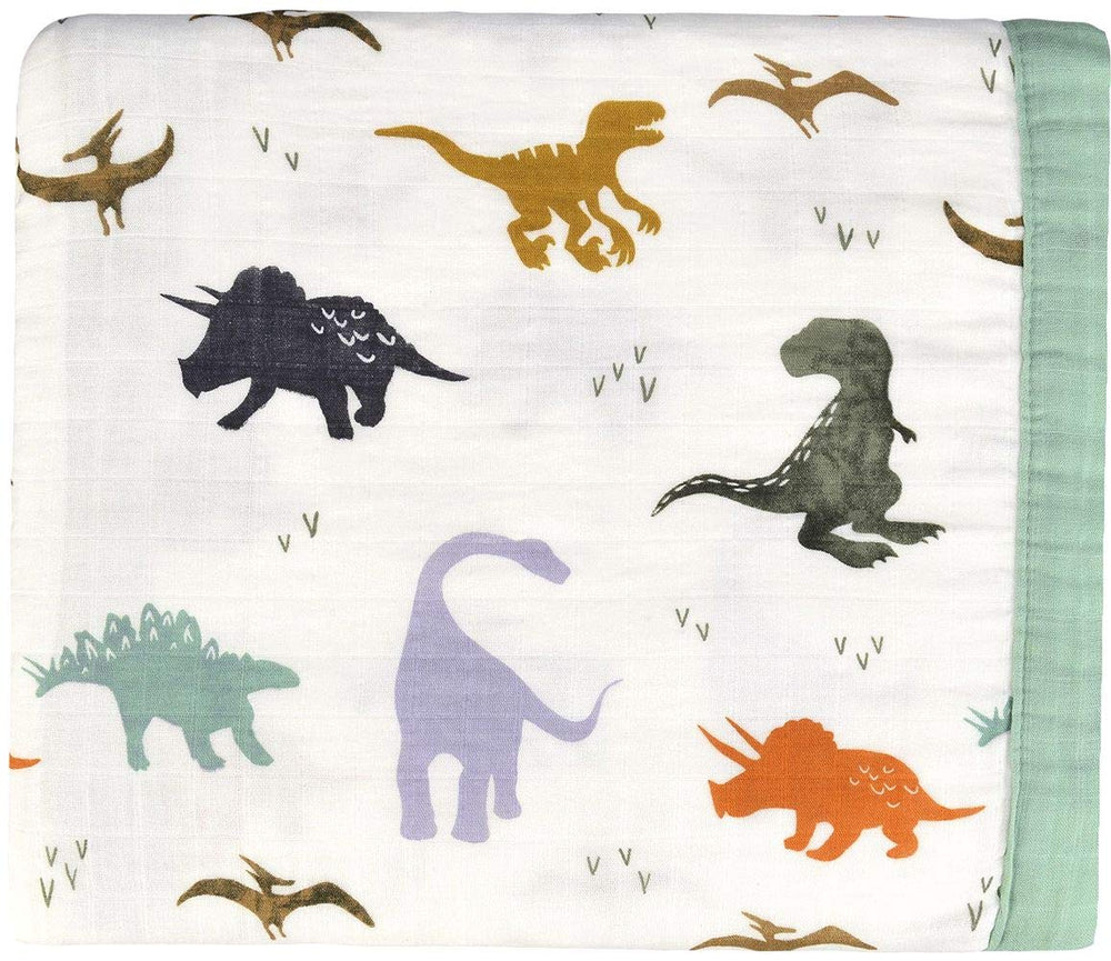 Little Jump Dinosaur Muslin Blanket close-up showing the dinosaur print and breathable fabric for comfy naps.