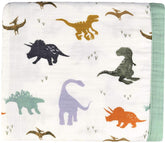 Little Jump Dinosaur Muslin Blanket close-up showing the dinosaur print and breathable fabric for comfy naps.