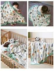 Little Jump Dinosaur Muslin Blanket 47x47 size ideal for swaddling and daycare comfort.