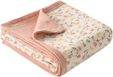 Little Jump muslin blanket peach floral closeup shows soft, breathable fabric for gentle baby cuddles.
