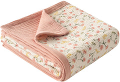 Little Jump muslin blanket peach floral closeup shows soft, breathable fabric for gentle baby cuddles.