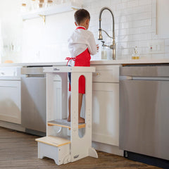 Little Partners learning tower setup highlights adjustable height options for growing kids.