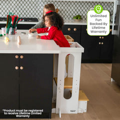 Little Partners foldable toddler tower folding step in action supports easy storage.