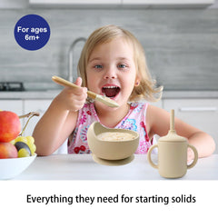 Little Rawr suction bowl beige sticks to smooth trays to reduce spills