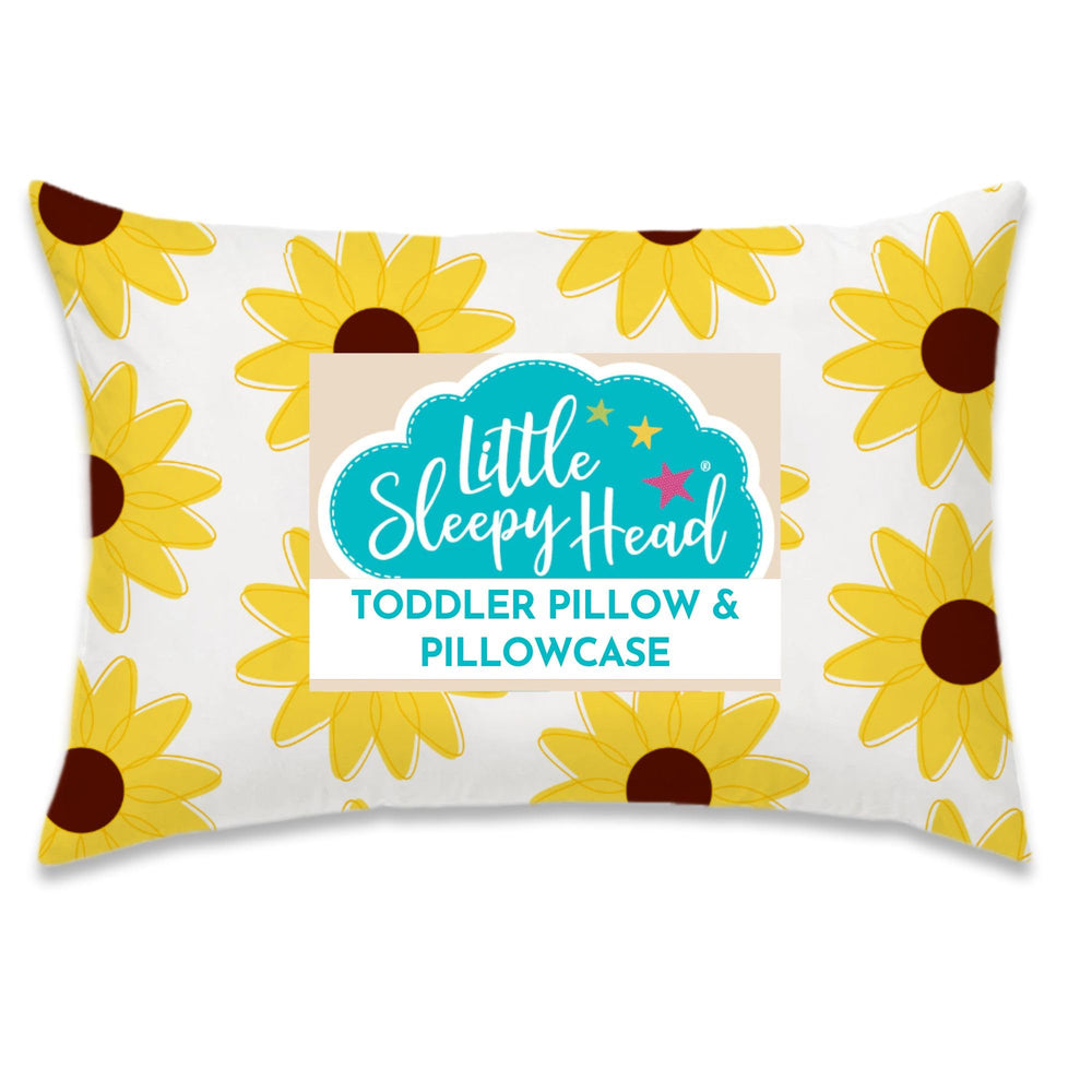 Little Sleepy Head toddler pillow with sunflowers offers cozy neck support for bedtime.
