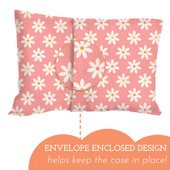 Little Sleepy Head daisies pillowcase envelope closure demonstrates secure, slip-free fit.