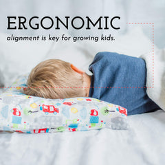 Ergonomic design image highlights neck support for growing children's alignment.
