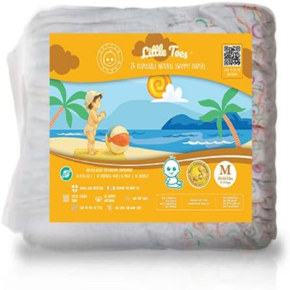 Little Toes Swimmy Diapers pack front shows a snug fit for mess-free swimming.