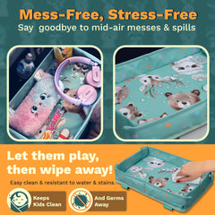 Little Traveler secure-fit straps keep the tray cover stable on moving aircraft surfaces.